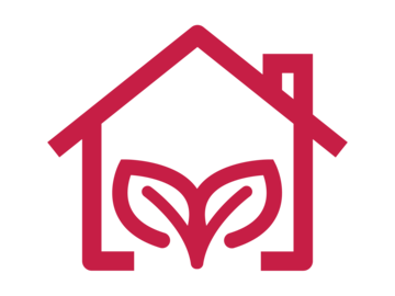 Stilisierte, rot-violette Liniengrafik der Silhouette eines Hauses, in dessen Zentrum ein zweiblättriges Keimling-Symbol abgebildet ist.