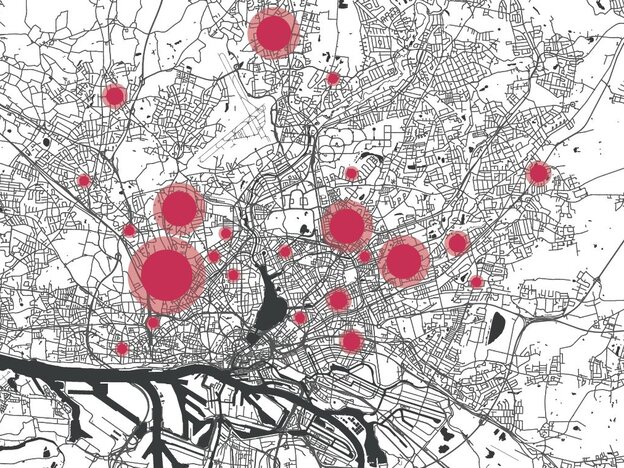 Schwarz-weiße Netzkarte des Hamburger Straßennetzes mit Elbe und Alster. Verschieden große, rot gefüllte Kreise markieren die Verteilung und Dichte des Wohnungsbestands im Stadtgebiet, mit deutlichen Clustern im Hamburger Westen und Osten.