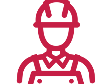 Stilisierte, rot-violette Liniengrafik der Oberkörper-Silhouette einer Person mit Schutzhelm und Arbeitskleidung (Latzhose über Hemd).