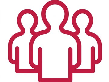 Stilisierte, rot-violette Liniengrafik von drei vereinfachten Oberkörper-Silhouetten. Die mittlere Figur steht leicht im Vordergrund und ist größer dargestellt als die beiden flankierenden Figuren.
