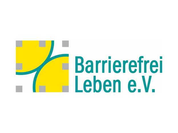 Das Logo des Vereins Barrierefrei Leben e.V. auf weißem Hintergrund. Links befindet sich ein quadratisches Bildsymbol, das aus neun grauen kleinen Quadraten in einem Raster zusammengesetzt ist. Über dem Raster liegen zwei gelbe Kreisflächen mit türkisgrünen Außenlinien. Rechts daneben steht in türkisgrüner, schlanker Schrift zweizeilig der Name „Barrierefrei“ in der oberen und „Leben e.V.“ in der unteren Zeile.
