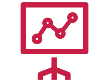 Stilisierte, rot-violette Liniengrafik einer Präsentationstafel auf einem Stativ. Auf der Tafel ist ein aufsteigendes Liniendiagramm mit Datenpunkten zu sehen.